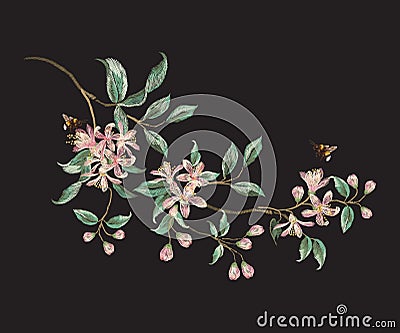 Embroidery trend floral pattern with branch of tropical japanese Vector Illustration