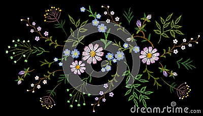 Embroidery trend floral pattern small branches herb daisy with little blue violet flower. Ornate traditional folk Vector Illustration