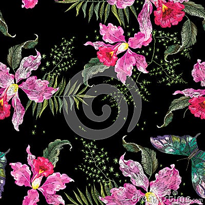 Embroidery trend floral seamless pattern with orchids and butter Vector Illustration