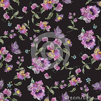 Embroidery trend floral seamless pattern with pansies and forget Vector Illustration