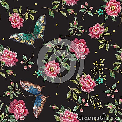 Embroidery trend floral seamless pattern with roses and butterfl Vector Illustration