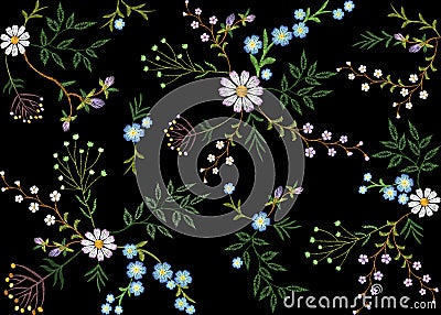 Embroidery trend floral seamless pattern small branches herb leaf with little blue violet flower daisy chamomile. Ornate Vector Illustration