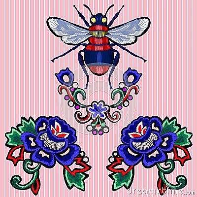 Embroidery trend patches with roses and bee. Vector Illustration