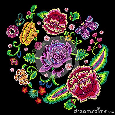 Embroidery trend round pattern with colorful simplify Vector Illustration