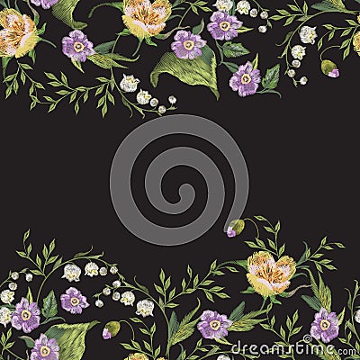 Embroidery trend seamless pattern with lilies of the valley and Vector Illustration