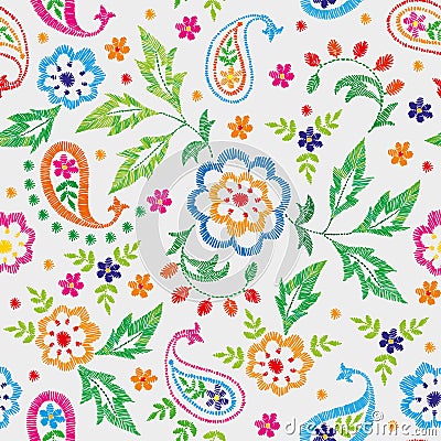 Embroidery vector seamless decorative floral pattern, ornament for textile decor. Bohemian handmade style background Vector Illustration