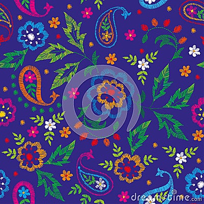 Embroidery vector seamless decorative floral pattern, ornament for textile decor. Bohemian handmade style background Vector Illustration