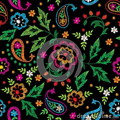 Embroidery vector seamless decorative floral pattern, ornament for textile decor. Bohemian handmade style background Vector Illustration