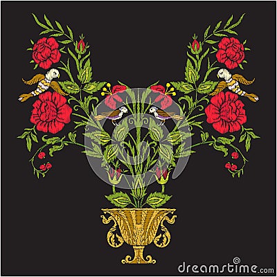 Embroidery vintage flowers bouquet or pattern Vector Illustration