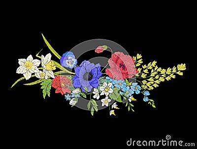 Embroidery vintage flowers bouquet of poppy, daffodil, anemone, Vector Illustration