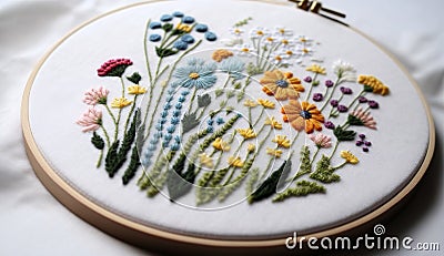 Embroidery on a white background. Embroidered flowers. Stock Photo