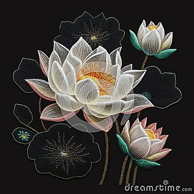 Embroidery white lotus flowers, leaves on black background. Tapestry floral decorative vector wallpaper illustration with Vector Illustration
