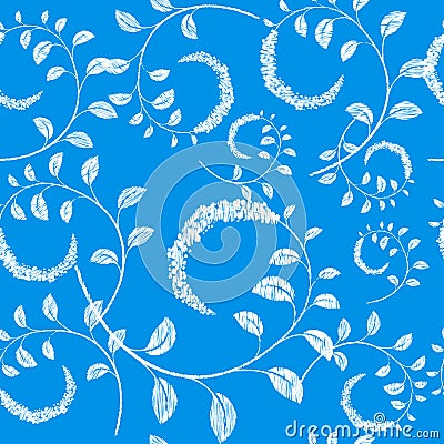 Embroidery white meadow flowers on blue background. Vector seamless pattern. Stock Photo