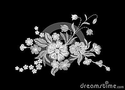 Embroidery white wild flowers on a black background Cartoon Illustration