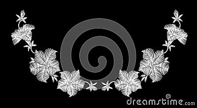 Embroidery white wild flowers on a black background. imitation lace. fashionable clothing decoration. traditional pattern. Cartoon Illustration