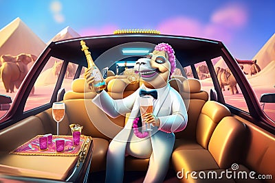 ement photographyCrazy Camel in Champaigne Limo: Epic Photorealistic Ad Shot Stock Photo