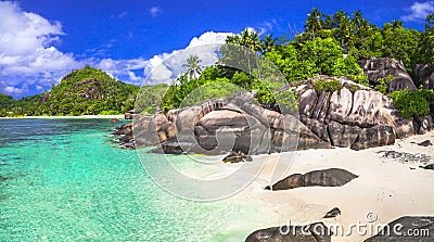 Emerald beaches of Seychelles Stock Photo