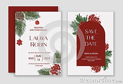 Emerald christmas greenery, spruce, fir, pine cones seasonal vector design frame. Winter chic wedding or new year party Vector Illustration