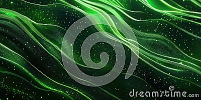Emerald Data Streams: Abstract Green Lines Flow and Intertwine Over a Dark Background, Dotted with Sparkling Light Stock Photo