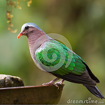 Emerald Dove or Emerald Pigeon perched on water feeder Stock Photo