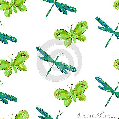 Emerald green batik butterfly and dragonfly pattern. Vector Illustration