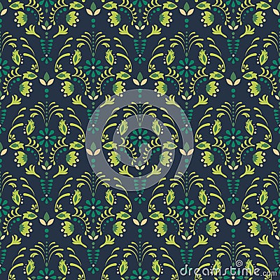 Emerald green damask flower seamless vector pattern. Vector Illustration