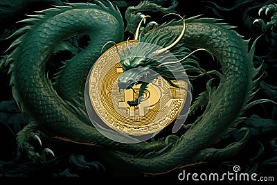 Emerald green dragon encircles Bitcoin. Symbol of the new year 2024. Chinese New Year Stock Photo