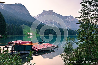 Rental boats point in summer lake Stock Photo