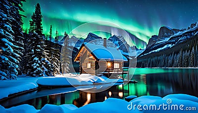 Emerald lake with snow-covered and wooden house at night on the lake shore, glowing stars Cartoon Illustration