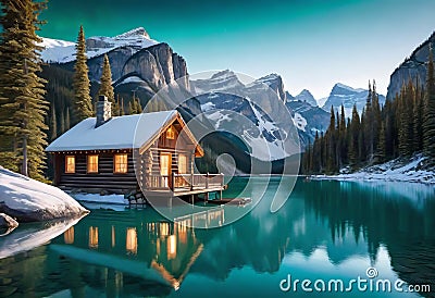 Emerald lake with snow-covered and wooden house at night on the lake shore, glowing stars Cartoon Illustration