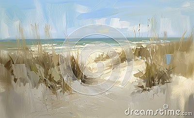 Emerald Path to the Ocean: A Windblown Beach Journey Through Nat Stock Photo