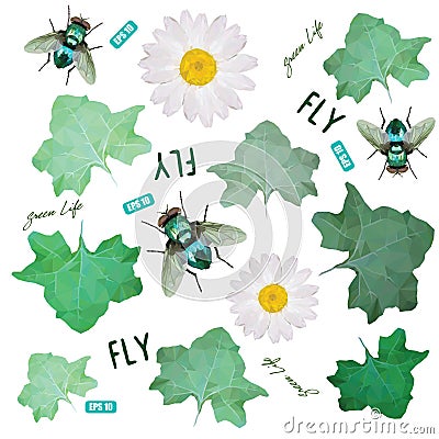 Emerald polygonal fly, green leaves and white daisy, design Cartoon Illustration