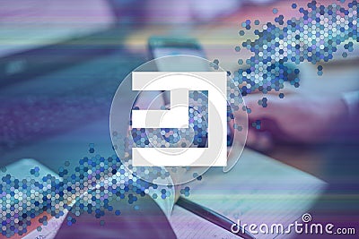 EmerCoin, emc cryptocurrency sign. Business person, trader, investor, analyst using mobile phone app analytics to analyze Stock Photo