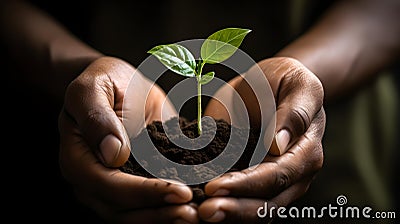 Close Up of Hands holding a green Sprout. Blurred Background Stock Photo