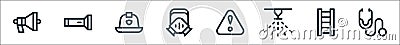 Emergencies line icons. linear set. quality vector line set such as stethoscope, ladder, sprinkler, warning, gas mask, firefighter Vector Illustration