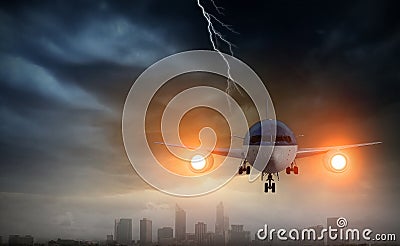 Emergency airplane landing. Mixed media Stock Photo