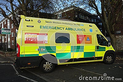 Emergency ambulance with advice signs on side panels Editorial Stock Photo