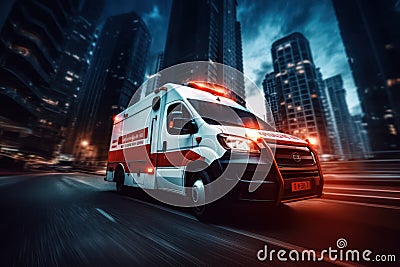Emergency ambulance car moving fast on night american city downtown district. Stock Photo