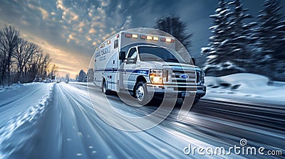 Emergency ambulance rushing through city streets with blurred motion effect for dramatic effect. Stock Photo