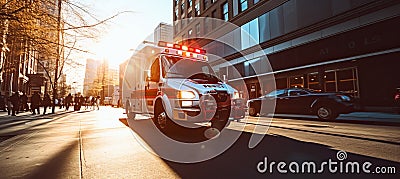 Emergency ambulance speeding through city streets with sirens blaring to respond to an urgent call Stock Photo