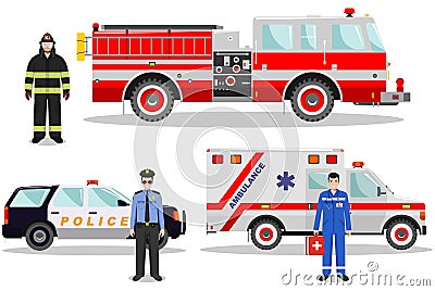 Emergency concept. Detailed illustration of firefighter, doctor, policeman with fire truck, ambulance and police car in Vector Illustration