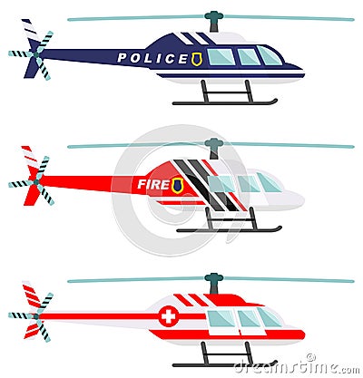 Emergency concept. Detailed illustration of medical, police and fire helicopter in flat style on white background Vector Illustration