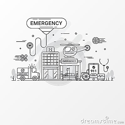 Emergency concept. Set of hospital and healthcare contains icon elements, ambulance, siren-equipped car, helicopter. Stock Photo