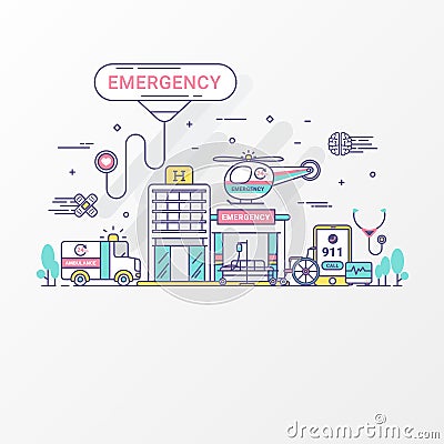 Emergency concept. Set of hospital and healthcare contains icon elements, ambulance, siren-equipped car, helicopter. Stock Photo