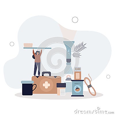 Emergency crisis preparedness with basic essential items.Escape and evacuation kit with survival elements.flat vector illustration Cartoon Illustration