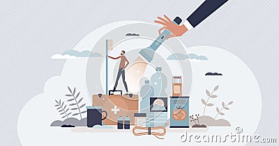 Emergency crisis preparedness with basic essential items tiny person concept Vector Illustration