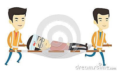 Emergency doctors carrying man on stretcher. Vector Illustration