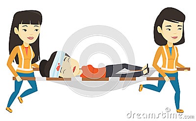 Emergency doctors carrying man on stretcher. Vector Illustration