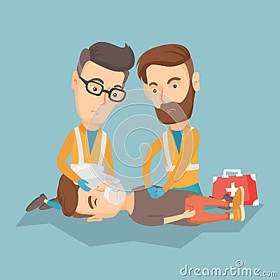 Emergency doctors carrying man on stretcher. Vector Illustration