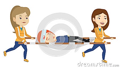 Emergency doctors carrying man on stretcher. Vector Illustration